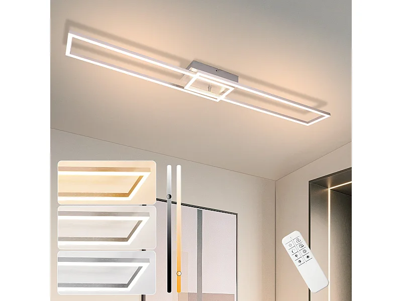 NETTLIFE Plafondlamp LED zilver 2 Lichts rechthoekig 3000-6500K Dimbaar modern Woonkamerlamp met Afstandsbediening voor Slaapkamer | Keuken | Gang 36W