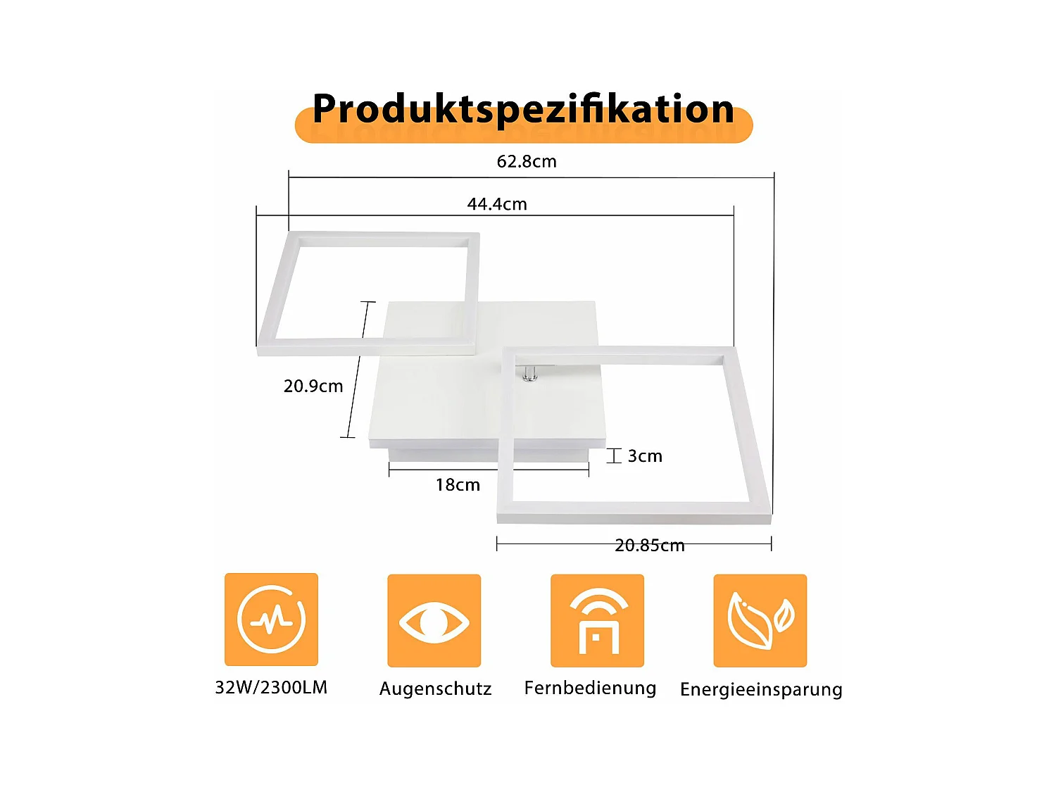 NETTLIFE Lampa sufitowa LED do salonu, biała, ściemnialna, kwadratowa, nowoczesna, 32 W, z pilotem