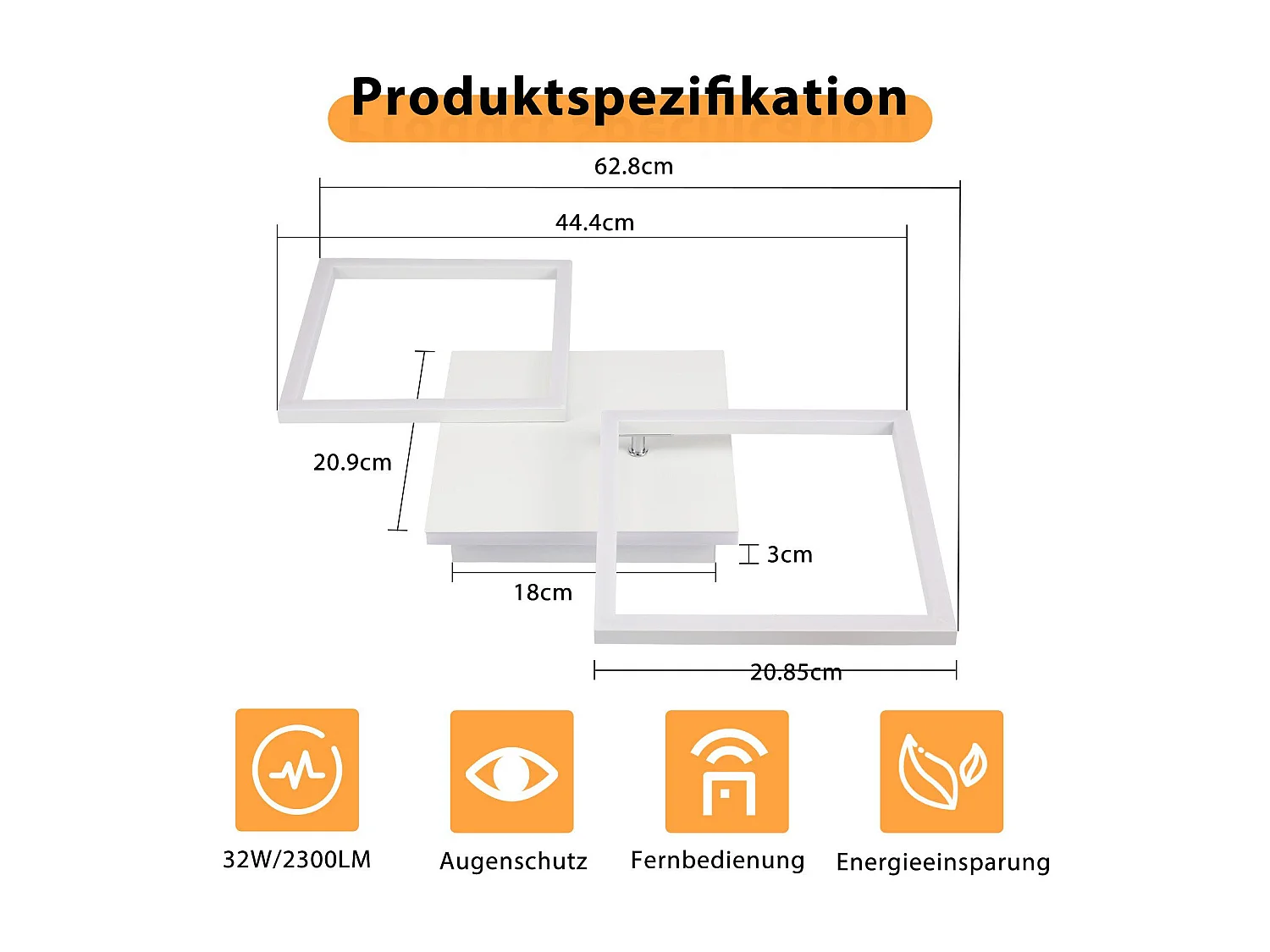 NETTLIFE Plafonnier LED Salon Blanc Dimmable Carré Moderne 32w Avec Télécommande