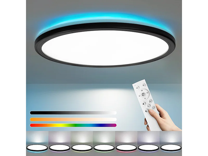 NETTLIFE Plafonnier LED Plafonnier Chambre - Cuisine Lampe Plate RGB 23W Lampe de Salle de Bain Ronde 30CM Télécommande