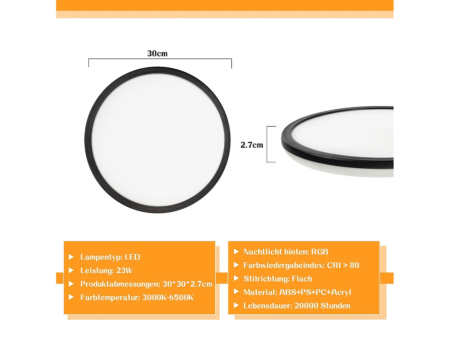 NETTLIFE Plafonnier LED Plafonnier Chambre - Cuisine Lampe Plate RGB 23W Lampe de Salle de Bain Ronde 30CM Télécommande