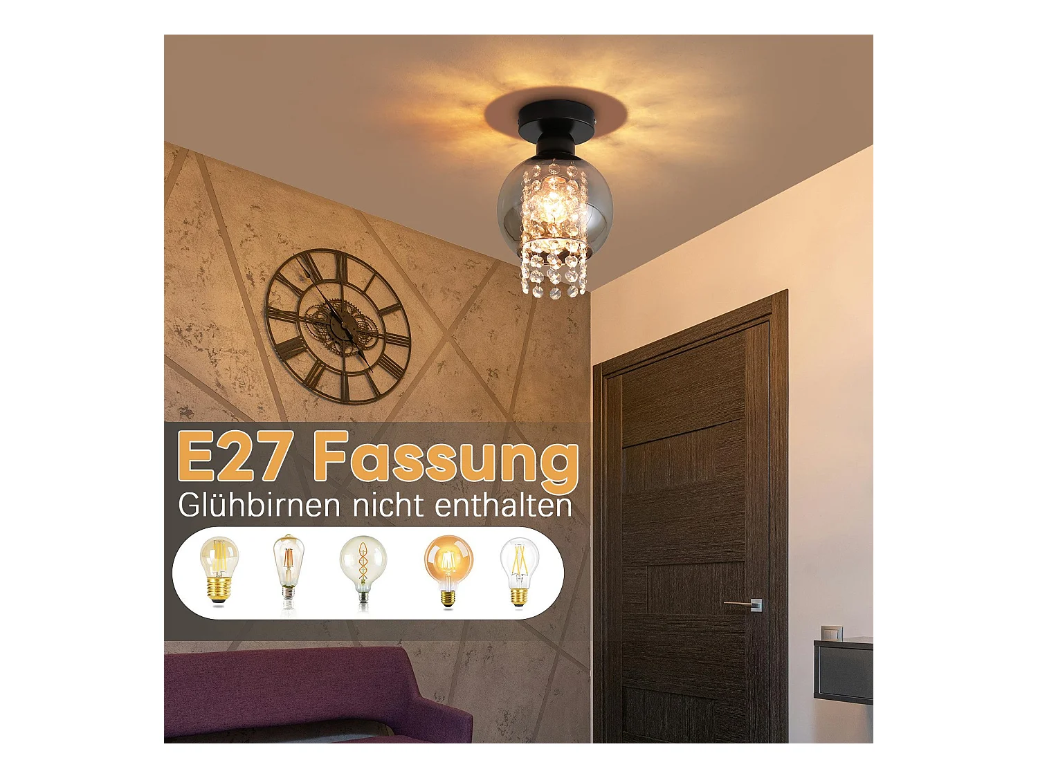 NETTLIFE Deckenleuchte Schlafzimmer E27 Rauchgrau Kristallglas Modern Esszimmer