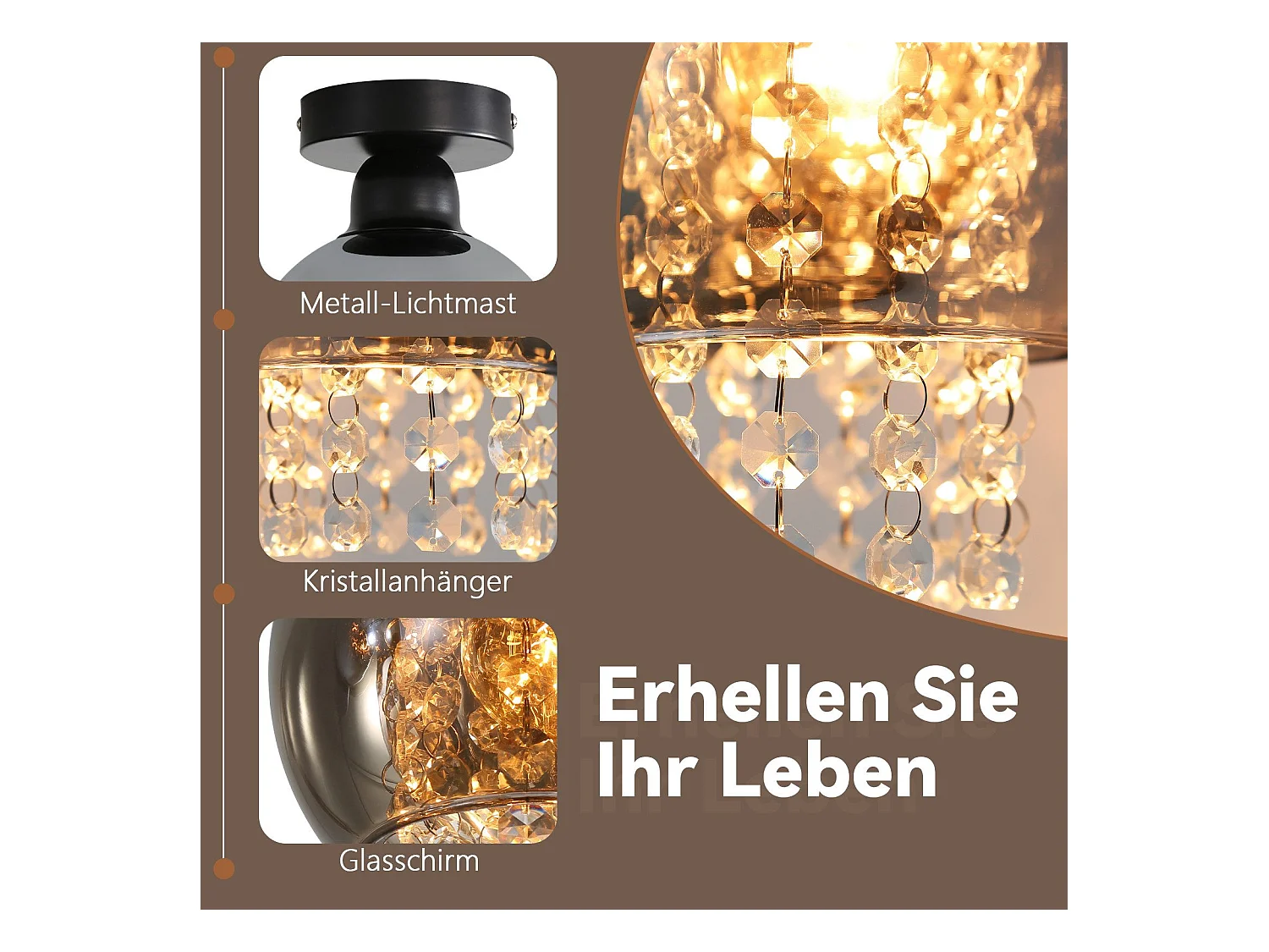 NETTLIFE Deckenleuchte Schlafzimmer E27 Rauchgrau Kristallglas Modern Esszimmer