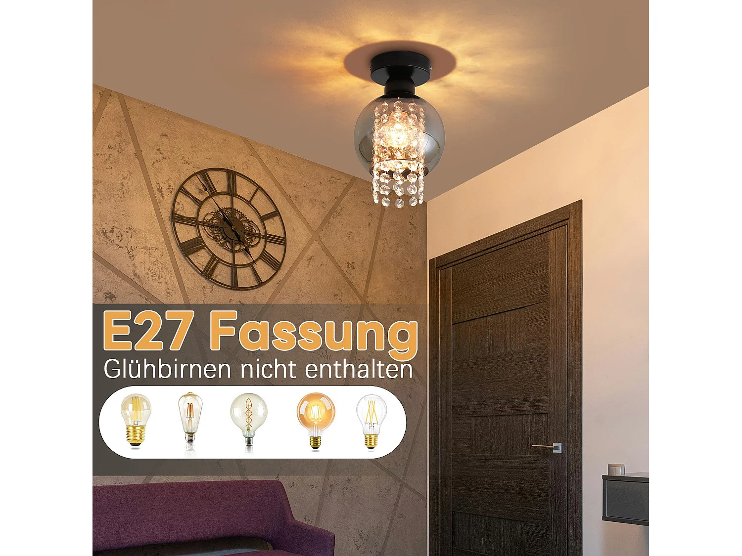 NETTLIFE Lámpara de techo para dormitorio E27 Cristal gris ahumado Comedor moderno