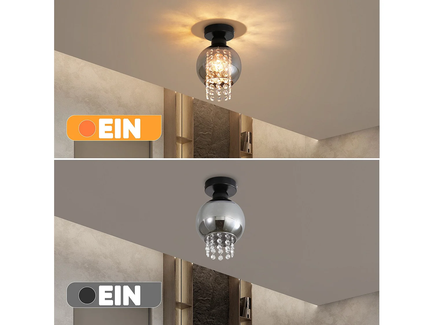 NETTLIFE Lámpara de techo para dormitorio E27 Cristal gris ahumado Comedor moderno