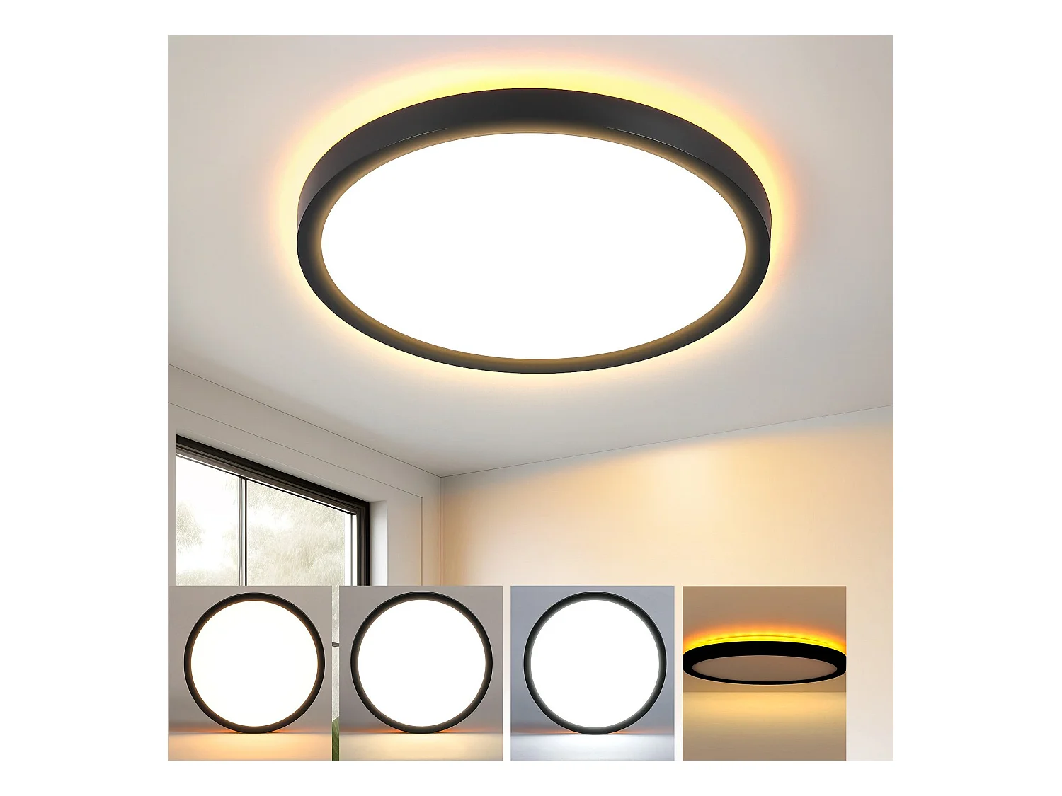 NETTLIFE Schwarze flache LED-Deckenleuchte, 22 cm, 18 W, dimmbar, für Schlafzimmer und Küche, 3000 K – 6500 K