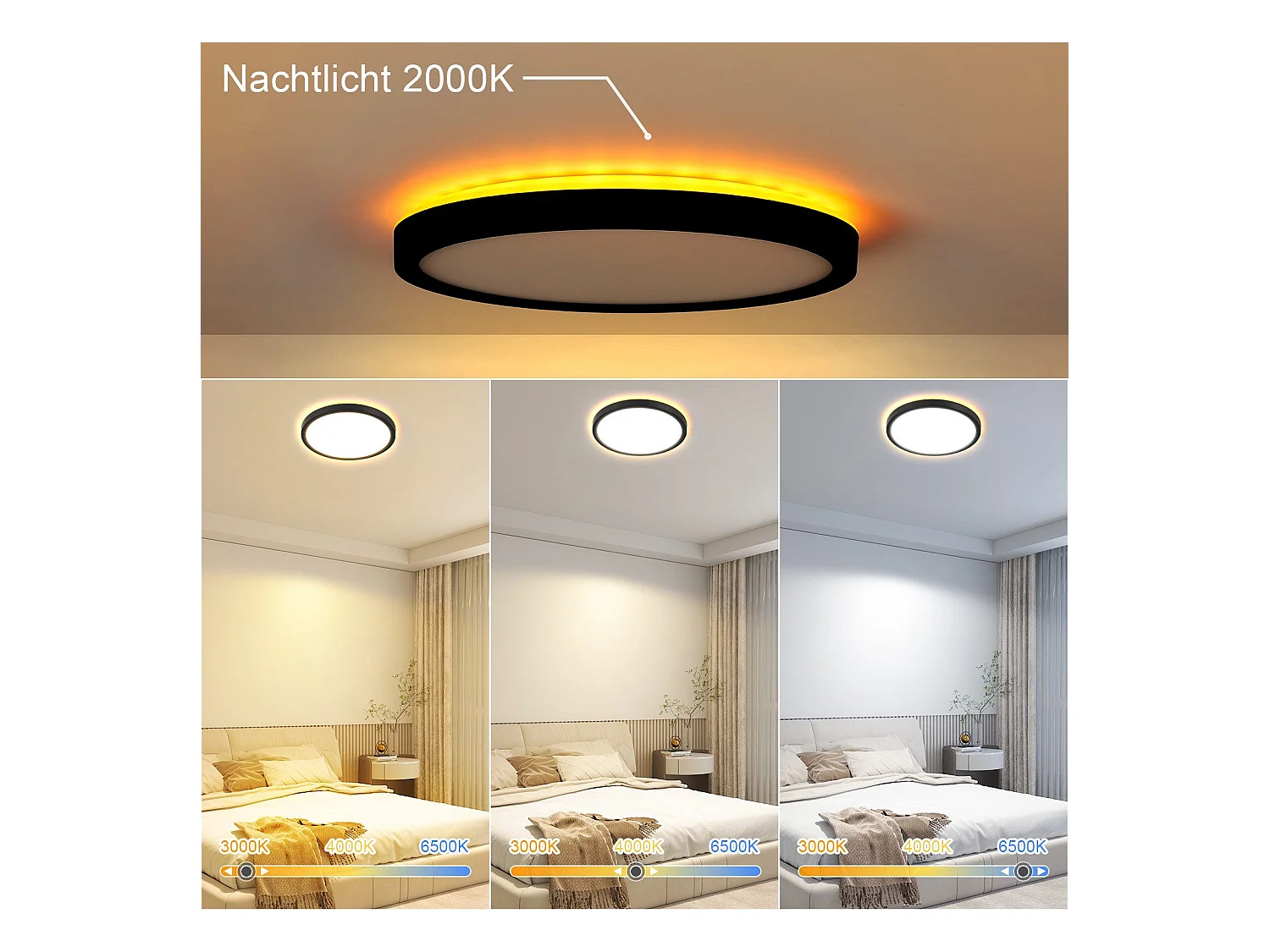 NETTLIFE Schwarze flache LED-Deckenleuchte, 22 cm, 18 W, dimmbar, für Schlafzimmer und Küche, 3000 K – 6500 K