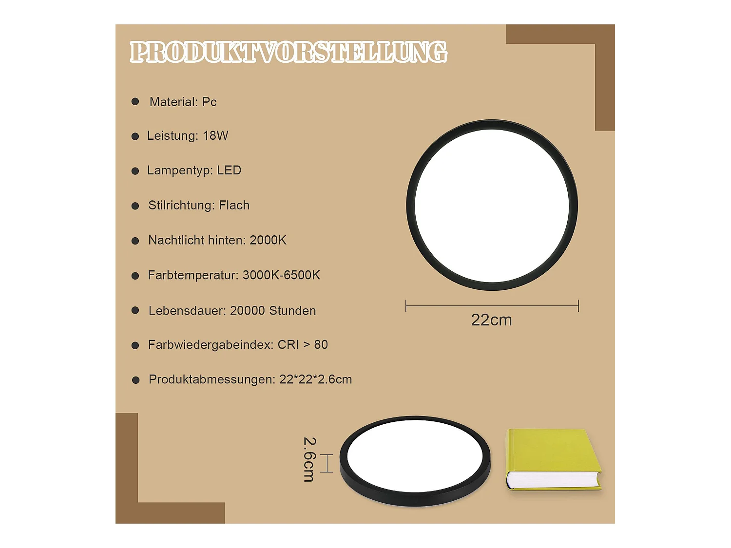 NETTLIFE Schwarze flache LED-Deckenleuchte, 22 cm, 18 W, dimmbar, für Schlafzimmer und Küche, 3000 K – 6500 K