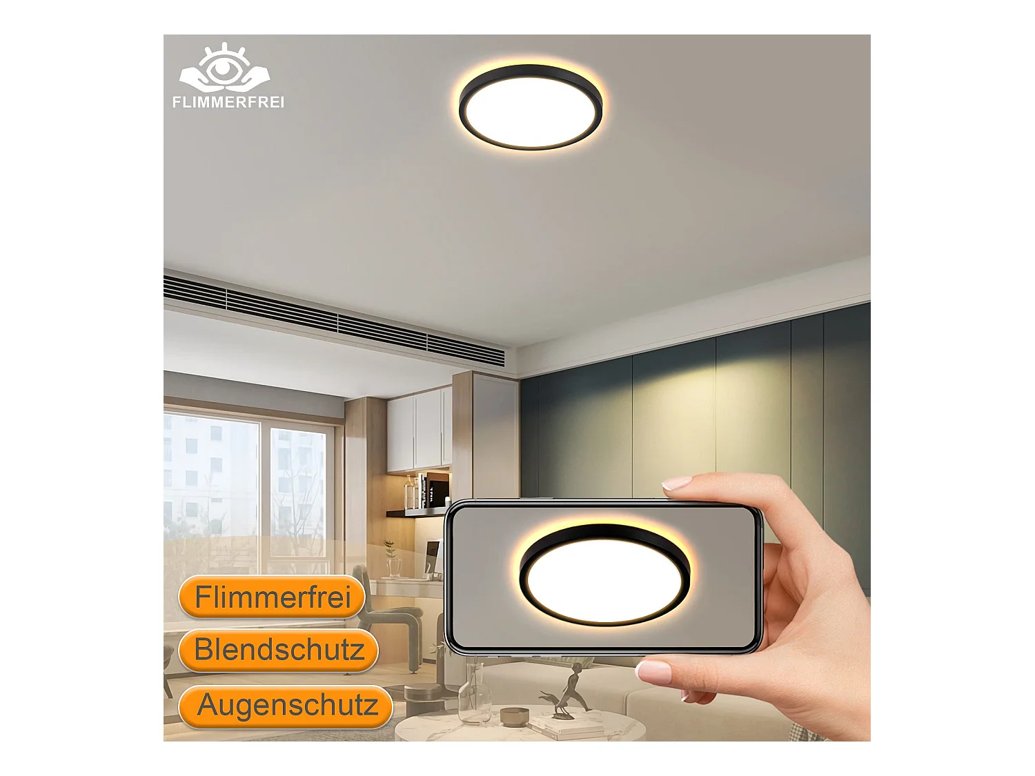 NETTLIFE Schwarze flache LED-Deckenleuchte, 22 cm, 18 W, dimmbar, für Schlafzimmer und Küche, 3000 K – 6500 K