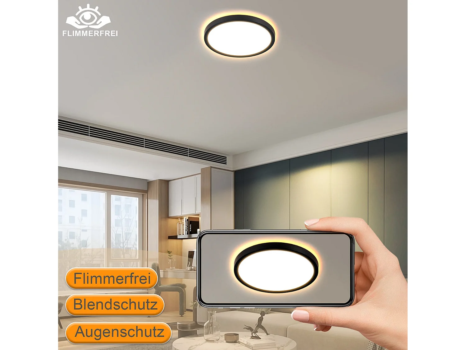 NETTLIFE Czarna płaska lampa sufitowa LED 22 cm 18 W Ściemniana do sypialni i kuchni 3000 K - 6500 K