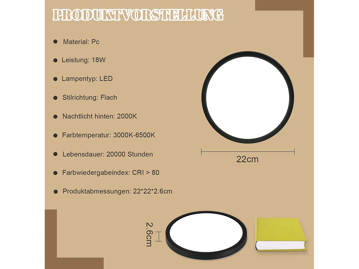 NETTLIFE Plafonnier LED Plat Noir 22cm 18w à Intensité Variable Pour Chambre à Coucher Cuisine 3000k - 6500k