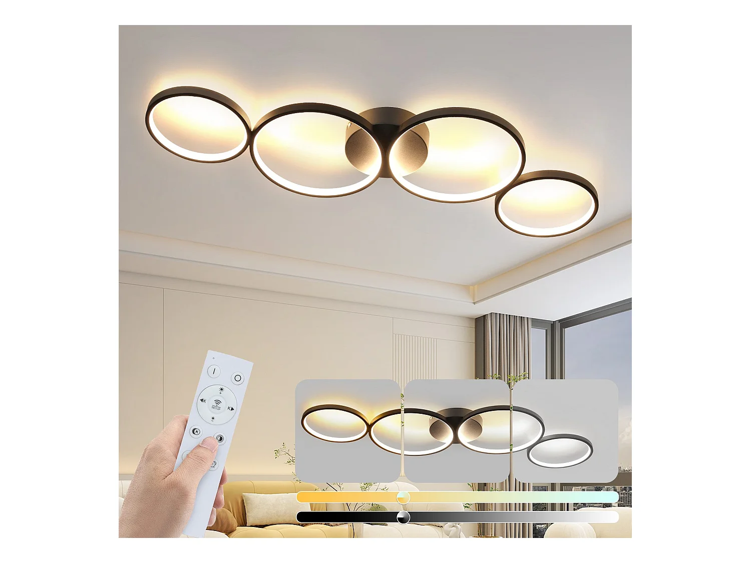 NETTLIFE Plafonnier LED Dimmable 100cm 4 Anneaux Moderne 56w Éclairage De Plafond Noir Avec Télécommande