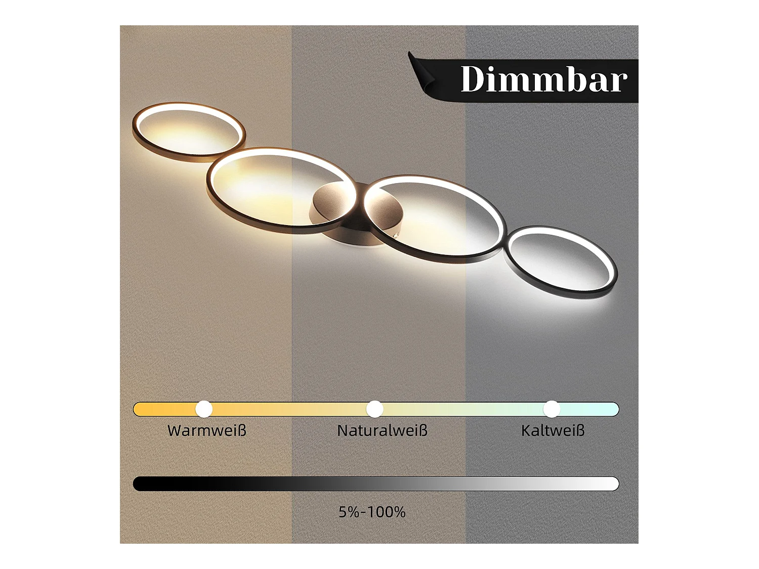 NETTLIFE Dimmbare LED-Deckenleuchte, 100 cm, 4 Ringe, modern, 56 W, schwarze Deckenbeleuchtung mit Fernbedienung