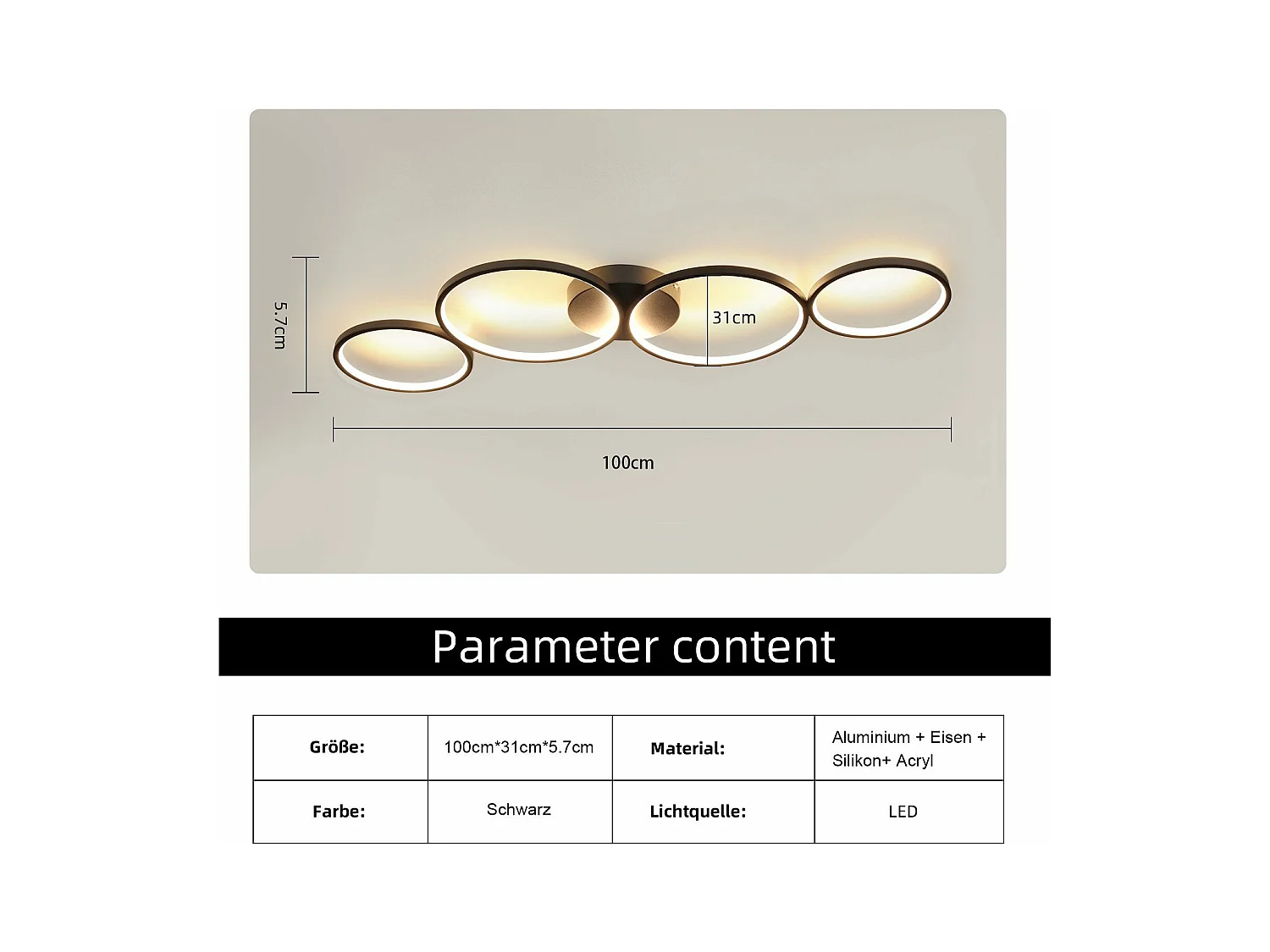 NETTLIFE Dimmbare LED-Deckenleuchte, 100 cm, 4 Ringe, modern, 56 W, schwarze Deckenbeleuchtung mit Fernbedienung