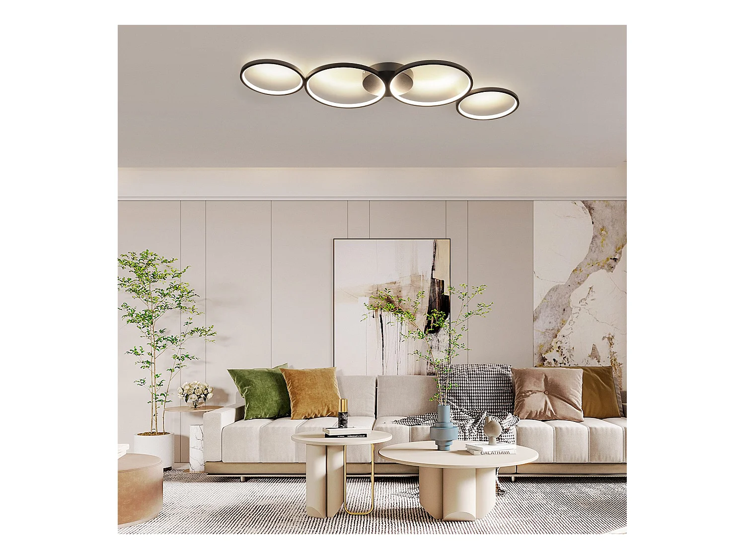 NETTLIFE Dimmbare LED-Deckenleuchte, 100 cm, 4 Ringe, modern, 56 W, schwarze Deckenbeleuchtung mit Fernbedienung