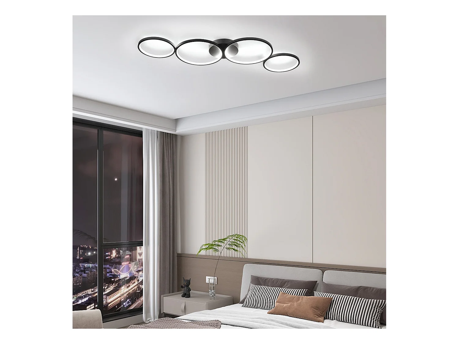 NETTLIFE Dimmbare LED-Deckenleuchte, 100 cm, 4 Ringe, modern, 56 W, schwarze Deckenbeleuchtung mit Fernbedienung