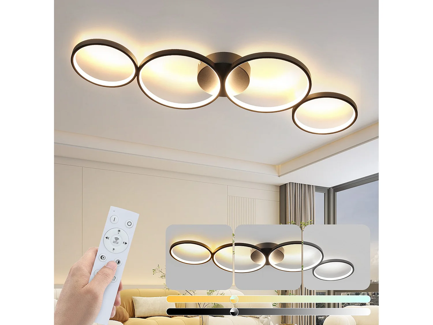 NETTLIFE Dimbare LED-plafondlamp 100 cm 4 ringen moderne 56W zwarte plafondverlichting met afstandsbediening
