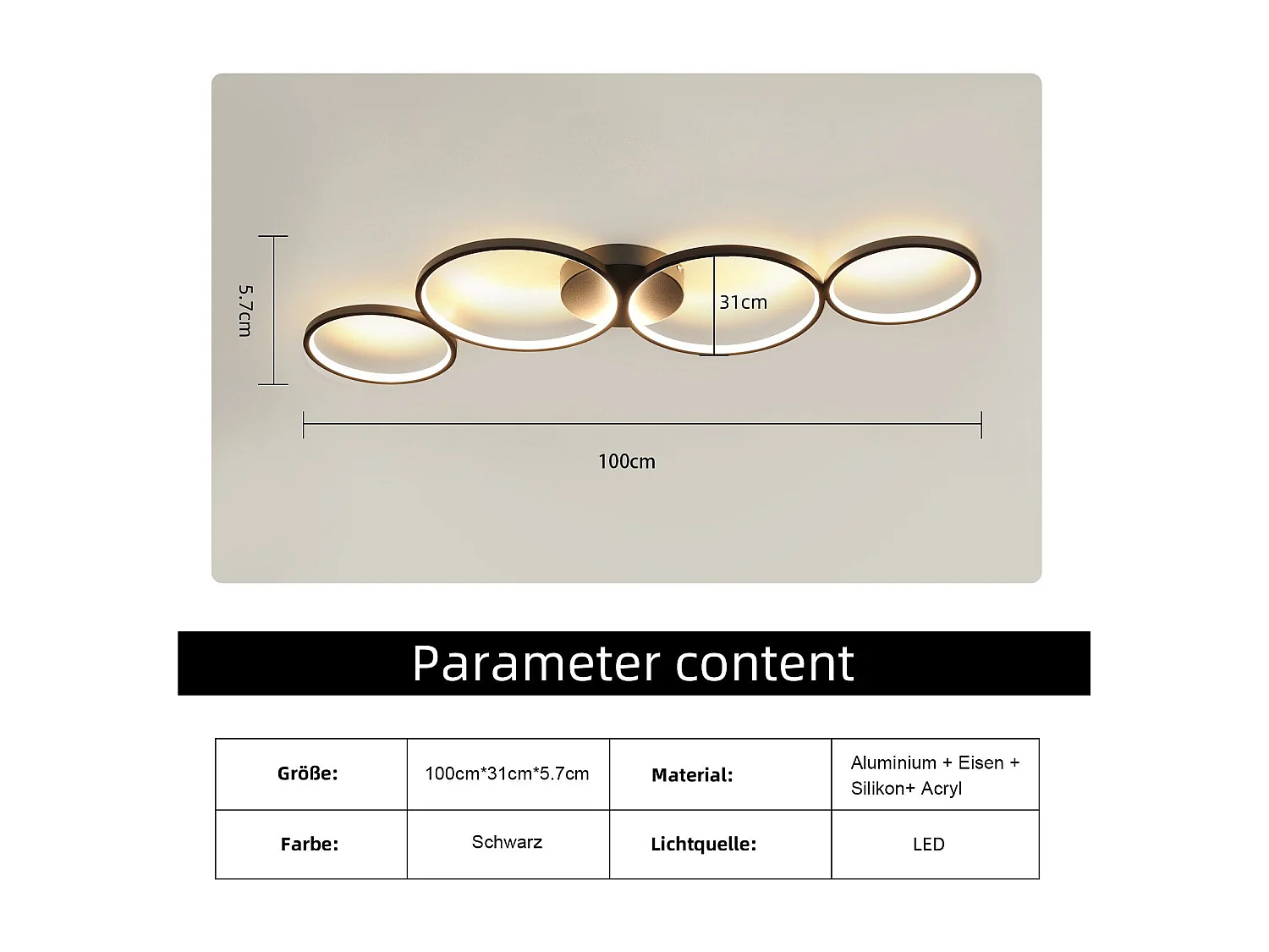 NETTLIFE Dimbare LED-plafondlamp 100 cm 4 ringen moderne 56W zwarte plafondverlichting met afstandsbediening
