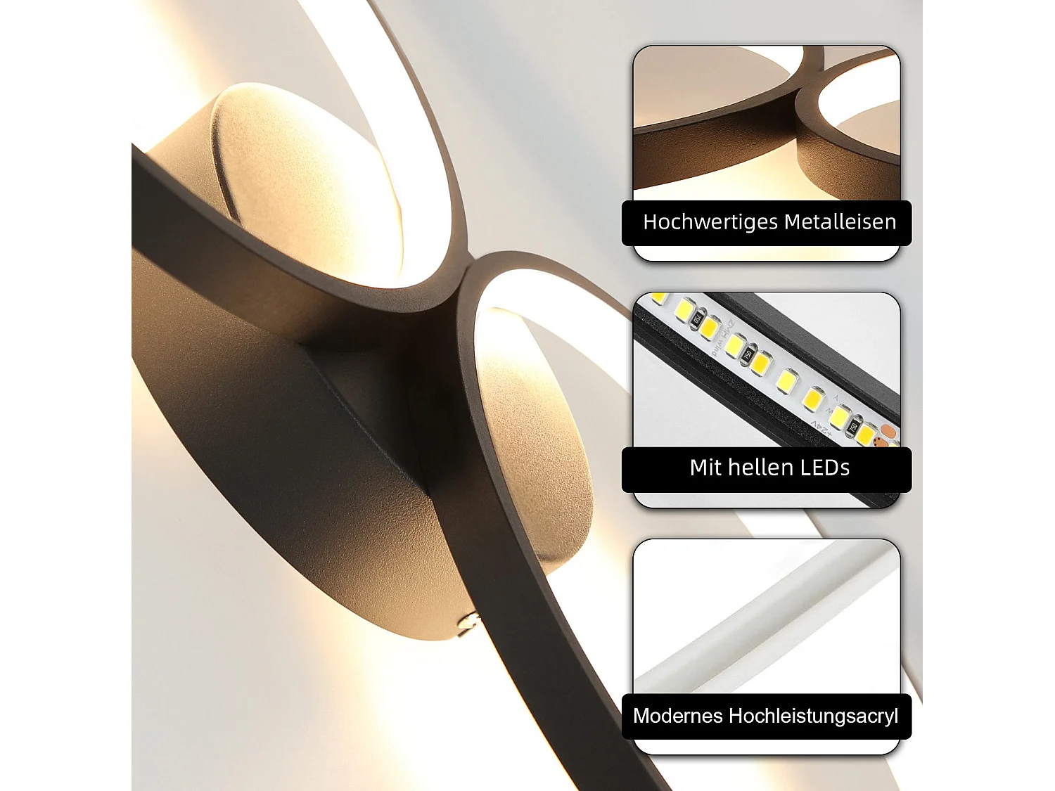 NETTLIFE Dimbare LED-plafondlamp 100 cm 4 ringen moderne 56W zwarte plafondverlichting met afstandsbediening