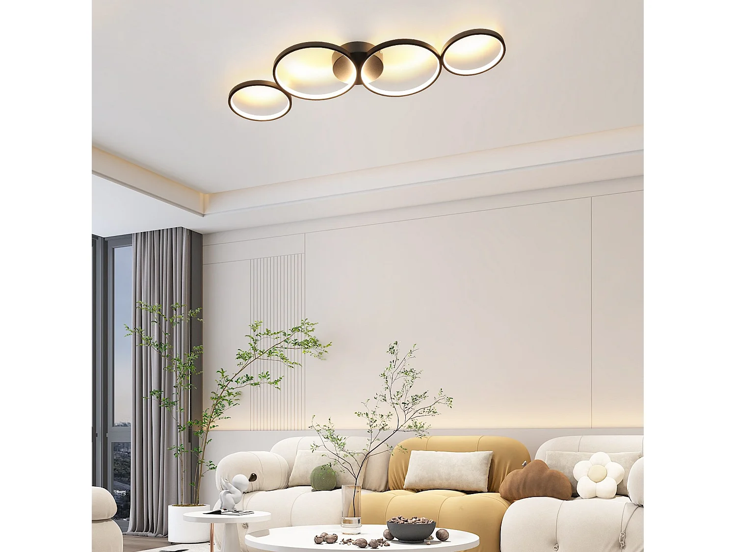 NETTLIFE Dimbare LED-plafondlamp 100 cm 4 ringen moderne 56W zwarte plafondverlichting met afstandsbediening