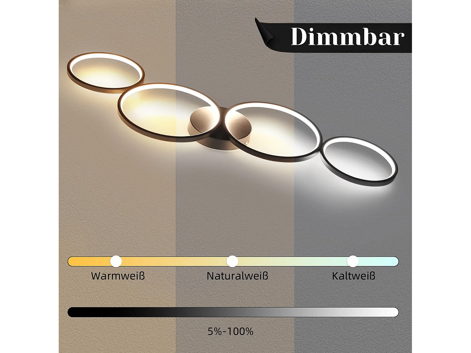 NETTLIFE Plafonnier LED Dimmable 100cm 4 Anneaux Moderne 56w Éclairage De Plafond Noir Avec Télécommande