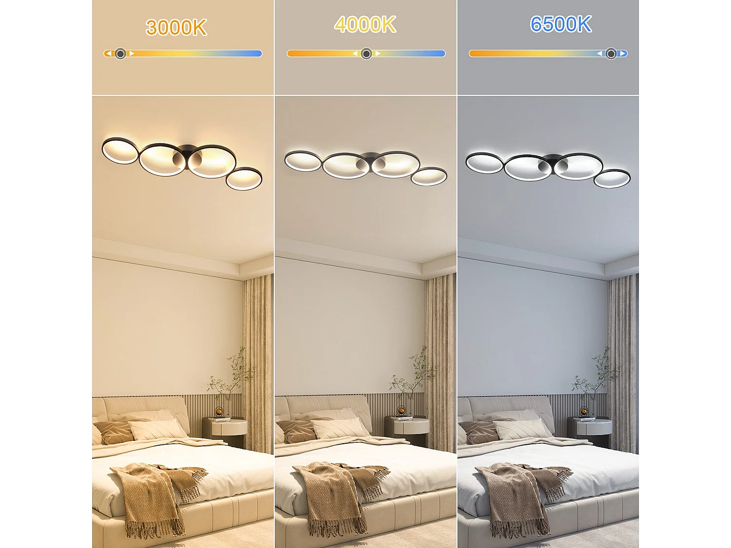 NETTLIFE Plafonnier LED Dimmable 100cm 4 Anneaux Moderne 56w Éclairage De Plafond Noir Avec Télécommande