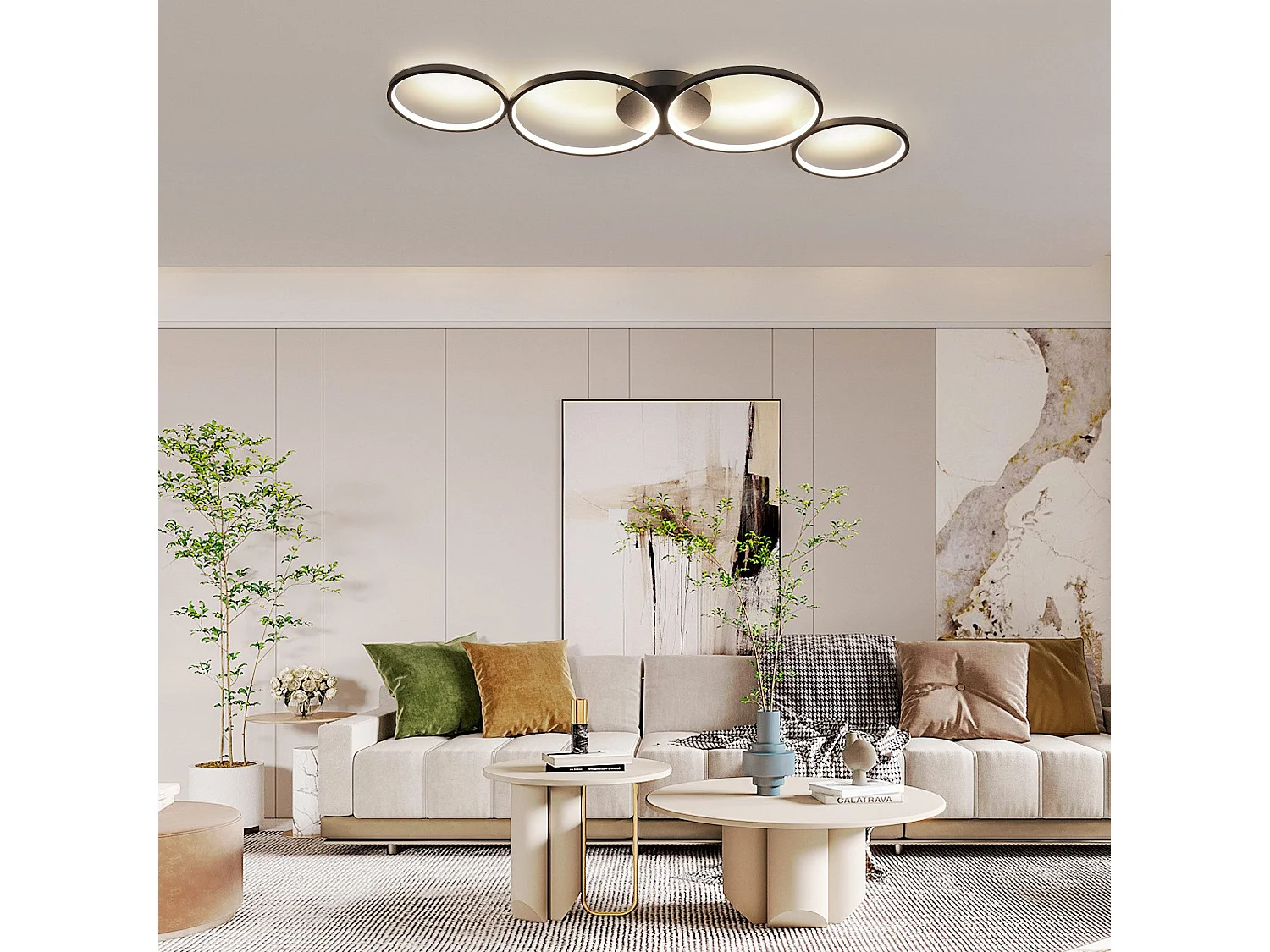 NETTLIFE Plafonnier LED Dimmable 100cm 4 Anneaux Moderne 56w Éclairage De Plafond Noir Avec Télécommande