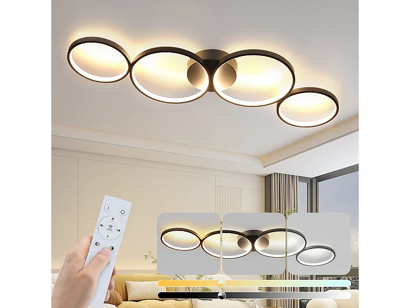 NETTLIFE Plafonnier LED Dimmable 100cm 4 Anneaux Moderne 56w Éclairage De Plafond Noir Avec Télécommande