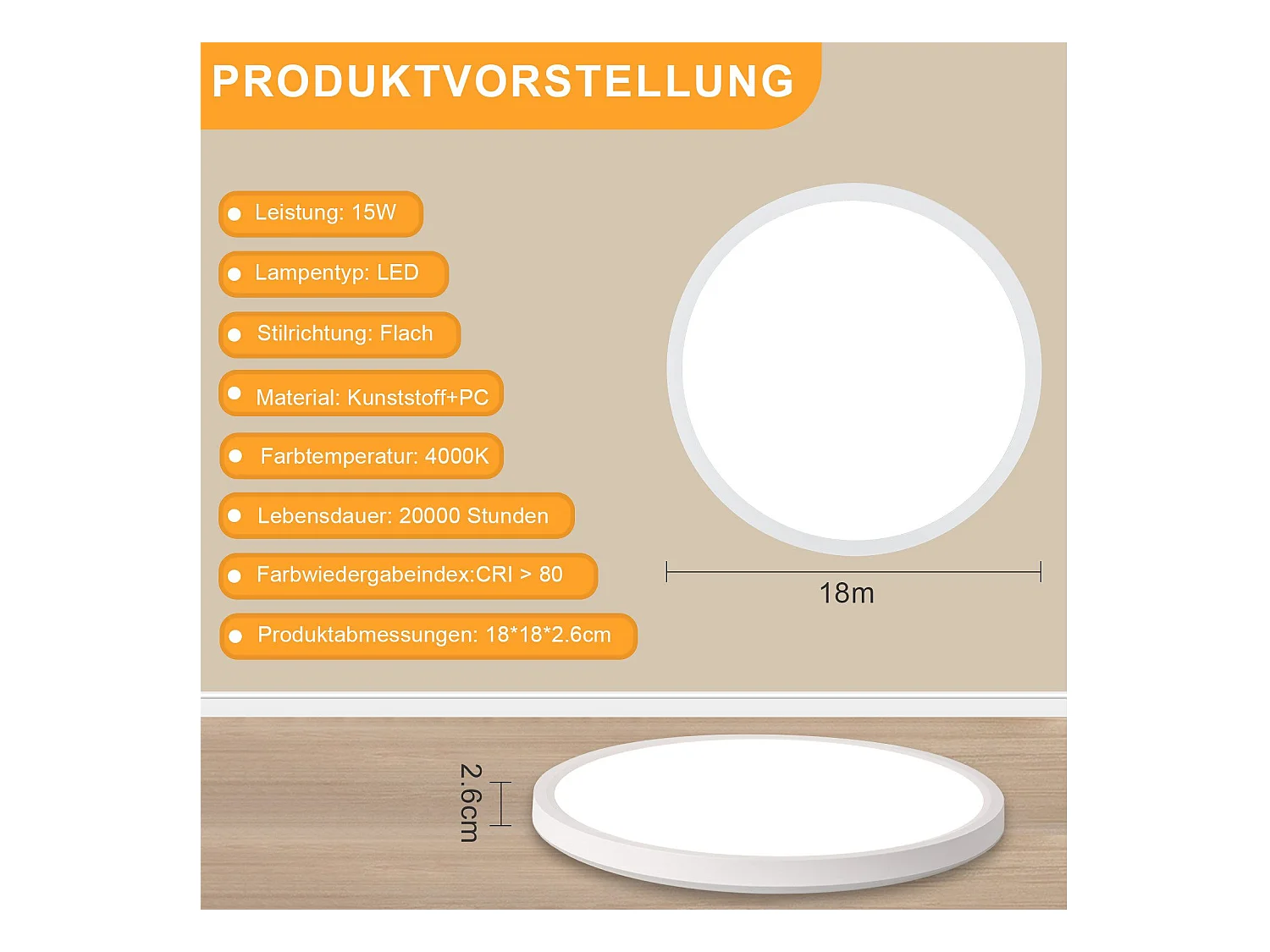 NETTLIFE Płaskie oświetlenie sufitowe LED do sypialni 18 cm 15 W Nieściemnialne Ciepła biel 3000 K