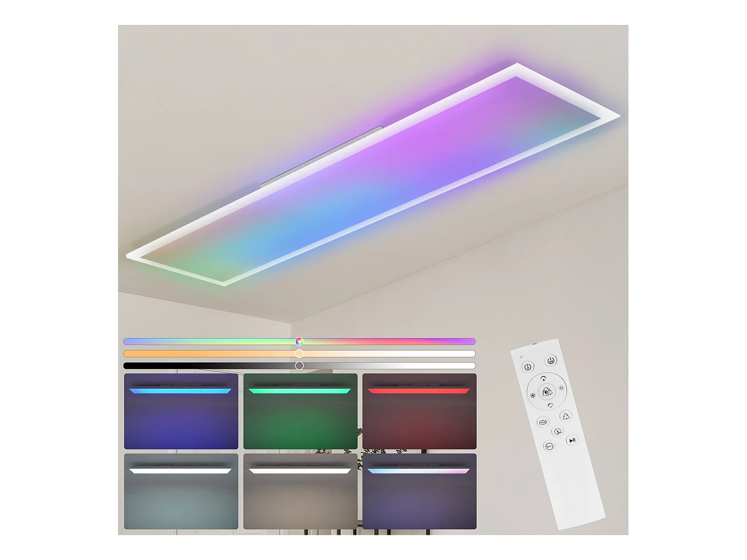 NETTLIFE Plafonnier LED 120 x 30 cm intensité variable, rétroéclairage RVB long, changement de couleur plate avec télécommande 36 W
