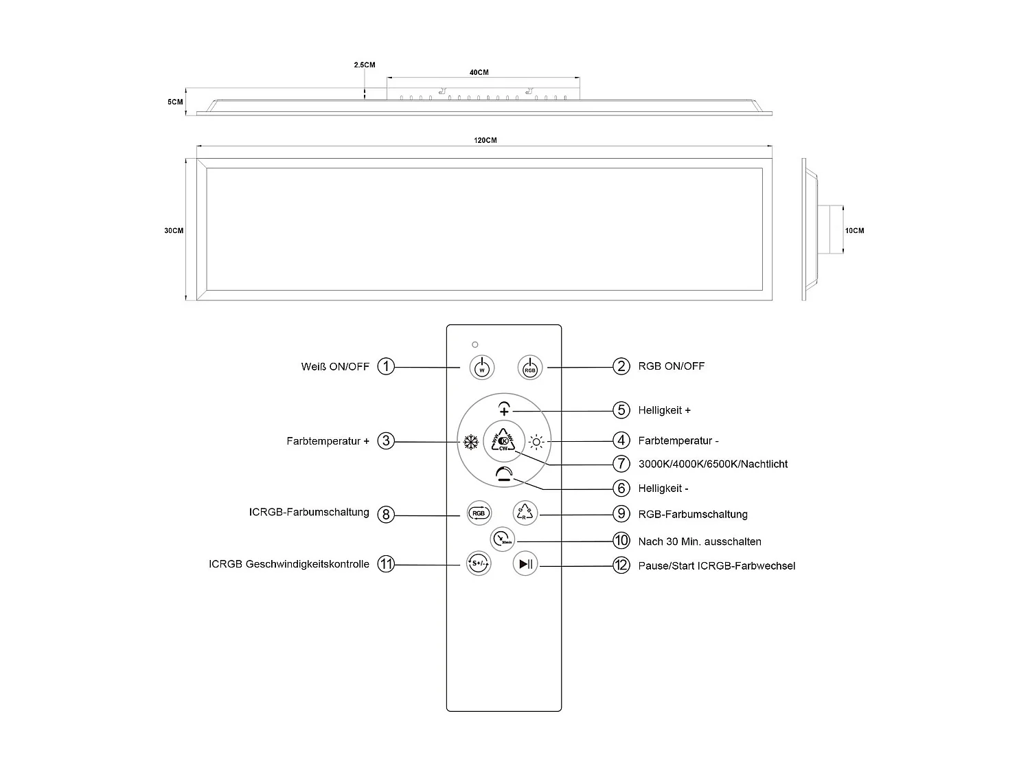 NETTLIFE Plafonnier LED 120 x 30 cm intensité variable, rétroéclairage RVB long, changement de couleur plate avec télécommande 36 W