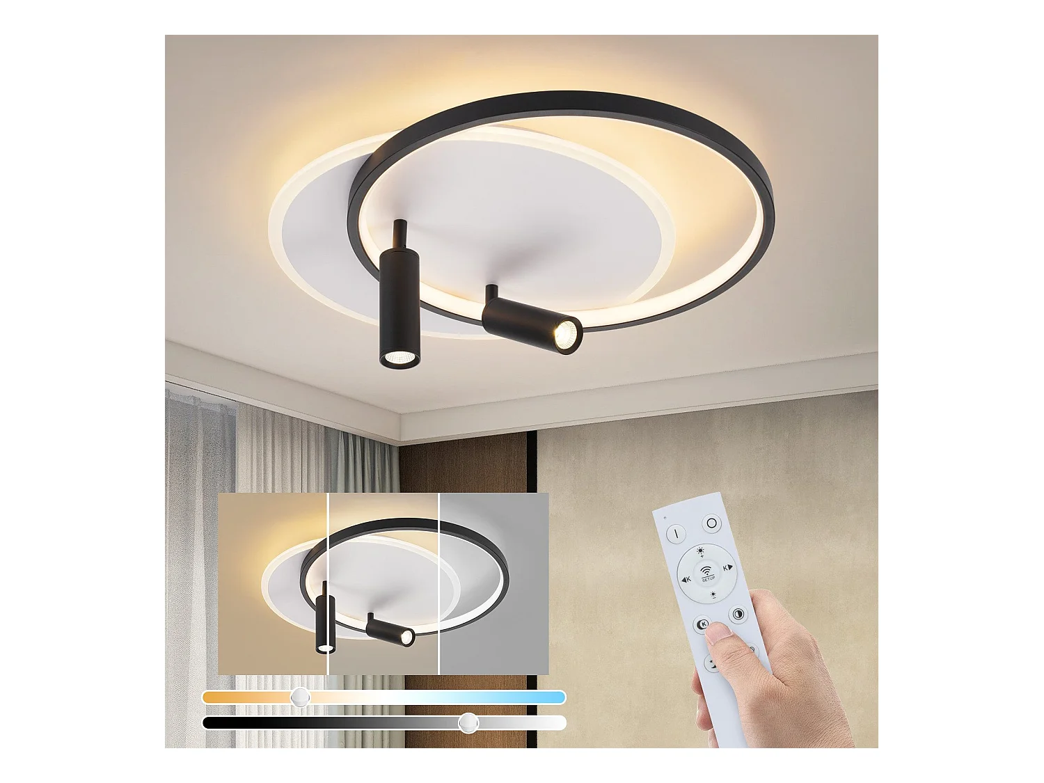 NETTLIFE Plafonnier LED Plafonnier Salon : Lampe de Salon Dimmable 52W avec 2 Spots de Plafond Noir avec Télécommande Moderne Acrylique