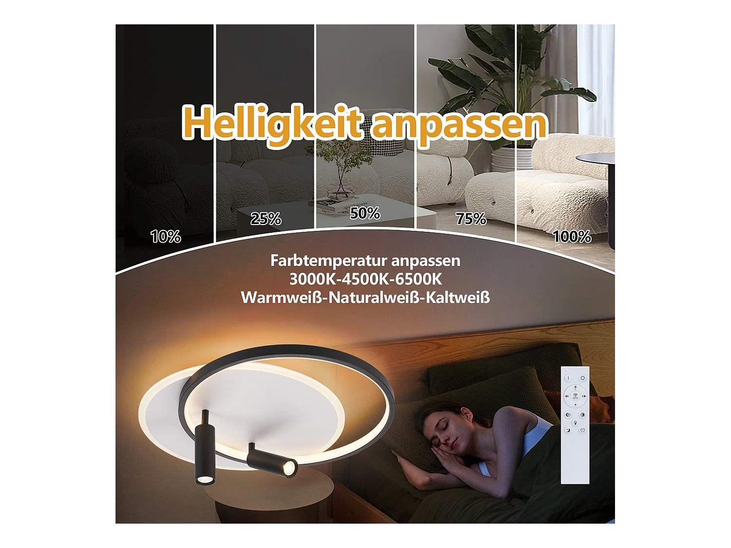 NETTLIFE Plafonnier LED Plafonnier Salon : Lampe de Salon Dimmable 52W avec 2 Spots de Plafond Noir avec Télécommande Moderne Acrylique