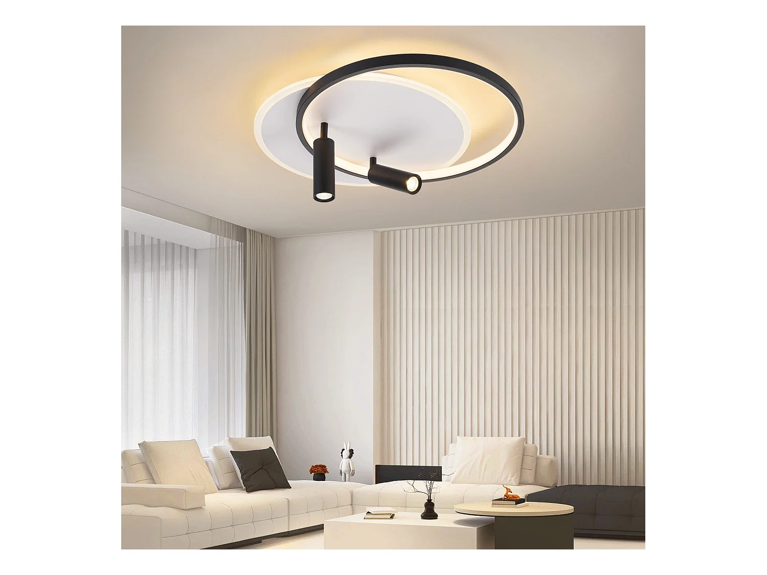 NETTLIFE Plafonnier LED Plafonnier Salon : Lampe de Salon Dimmable 52W avec 2 Spots de Plafond Noir avec Télécommande Moderne Acrylique