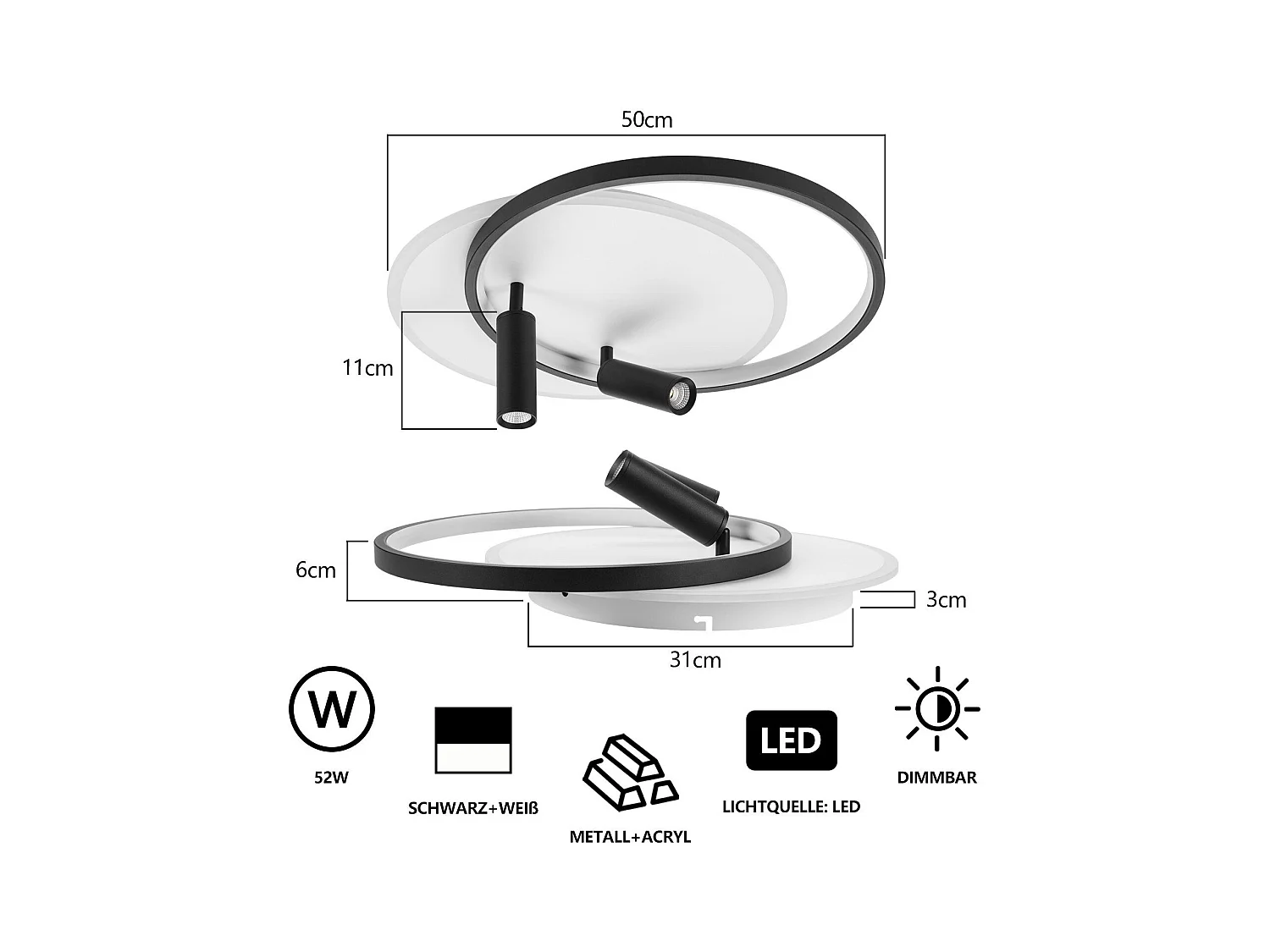 NETTLIFE Plafonnier LED Plafonnier Salon : Lampe de Salon Dimmable 52W avec 2 Spots de Plafond Noir avec Télécommande Moderne Acrylique