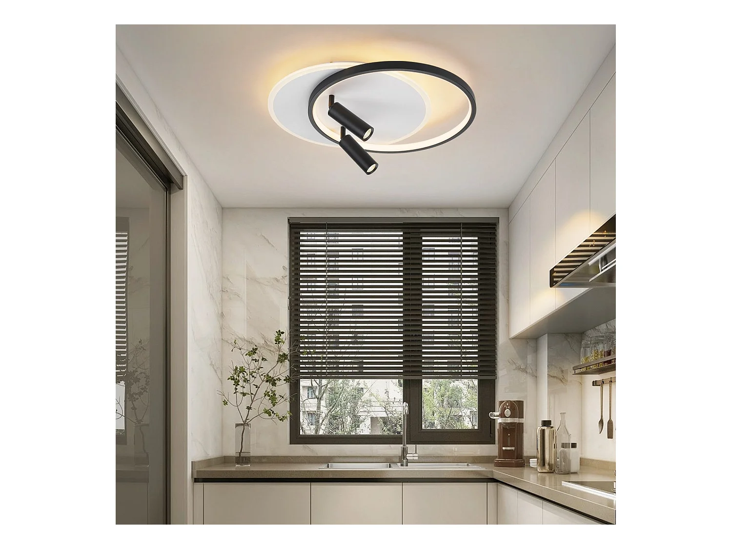 NETTLIFE Plafonnier LED Plafonnier Salon : Lampe de Salon Dimmable 52W avec 2 Spots de Plafond Noir avec Télécommande Moderne Acrylique