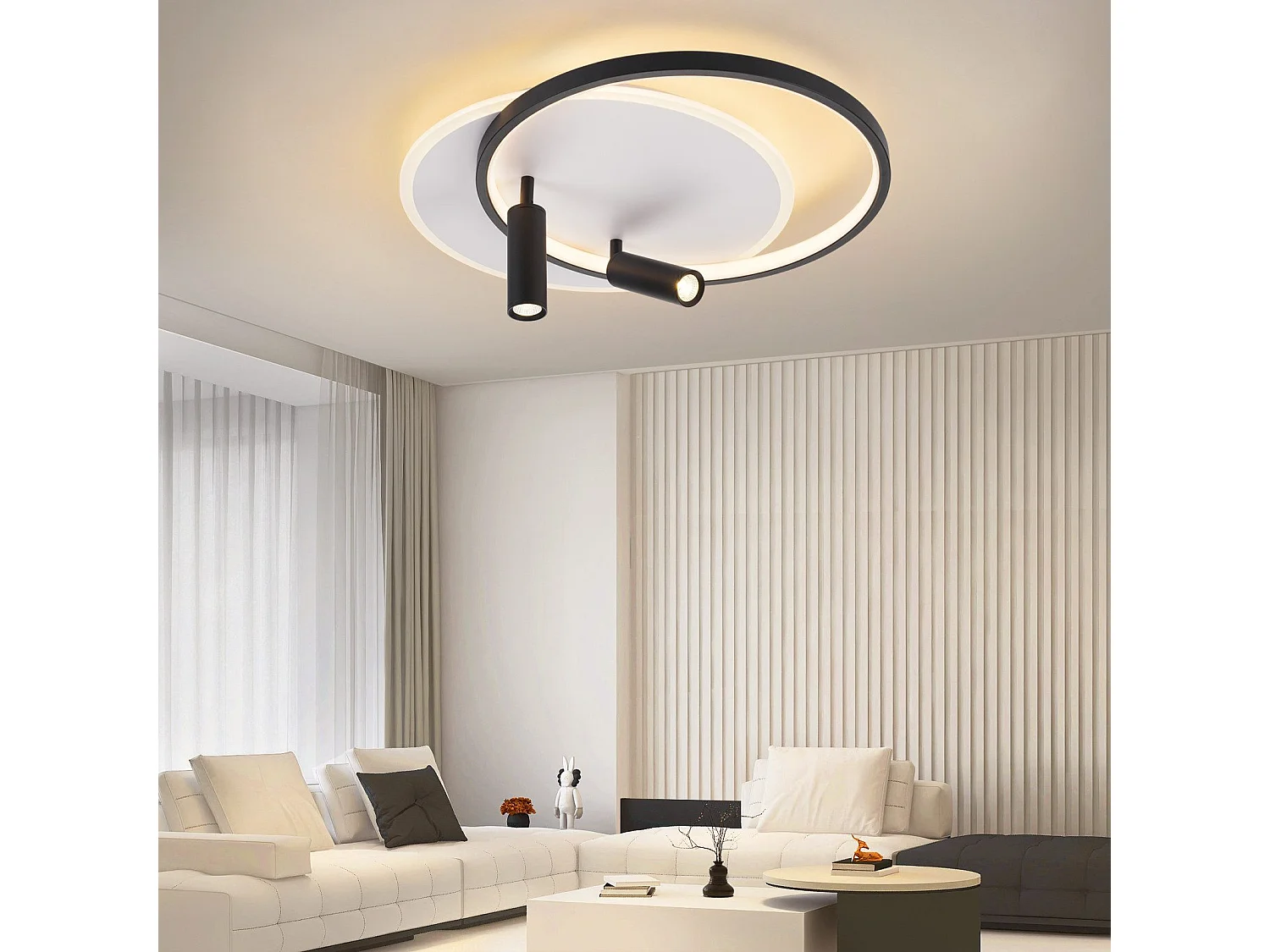 NETTLIFE Plafonnier LED Plafonnier Salon : Lampe de Salon Dimmable 52W avec 2 Spots de Plafond Noir avec Télécommande Moderne Acrylique