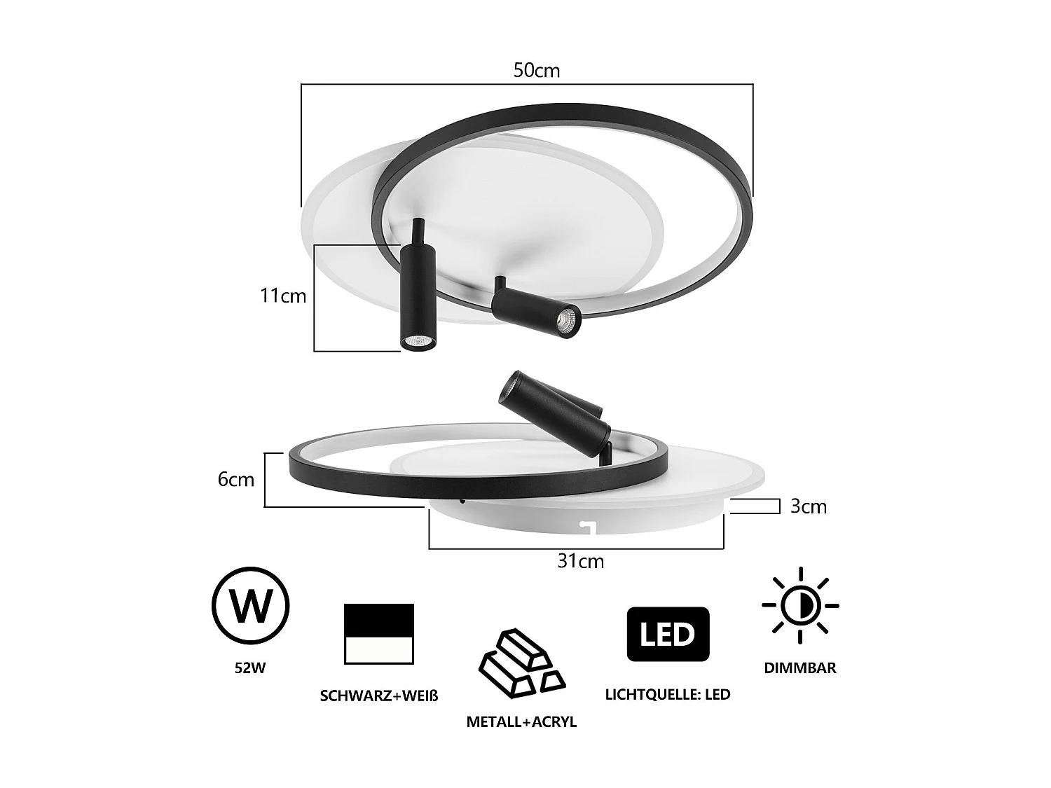 NETTLIFE Plafonnier LED Plafonnier Salon : Lampe de Salon Dimmable 52W avec 2 Spots de Plafond Noir avec Télécommande Moderne Acrylique