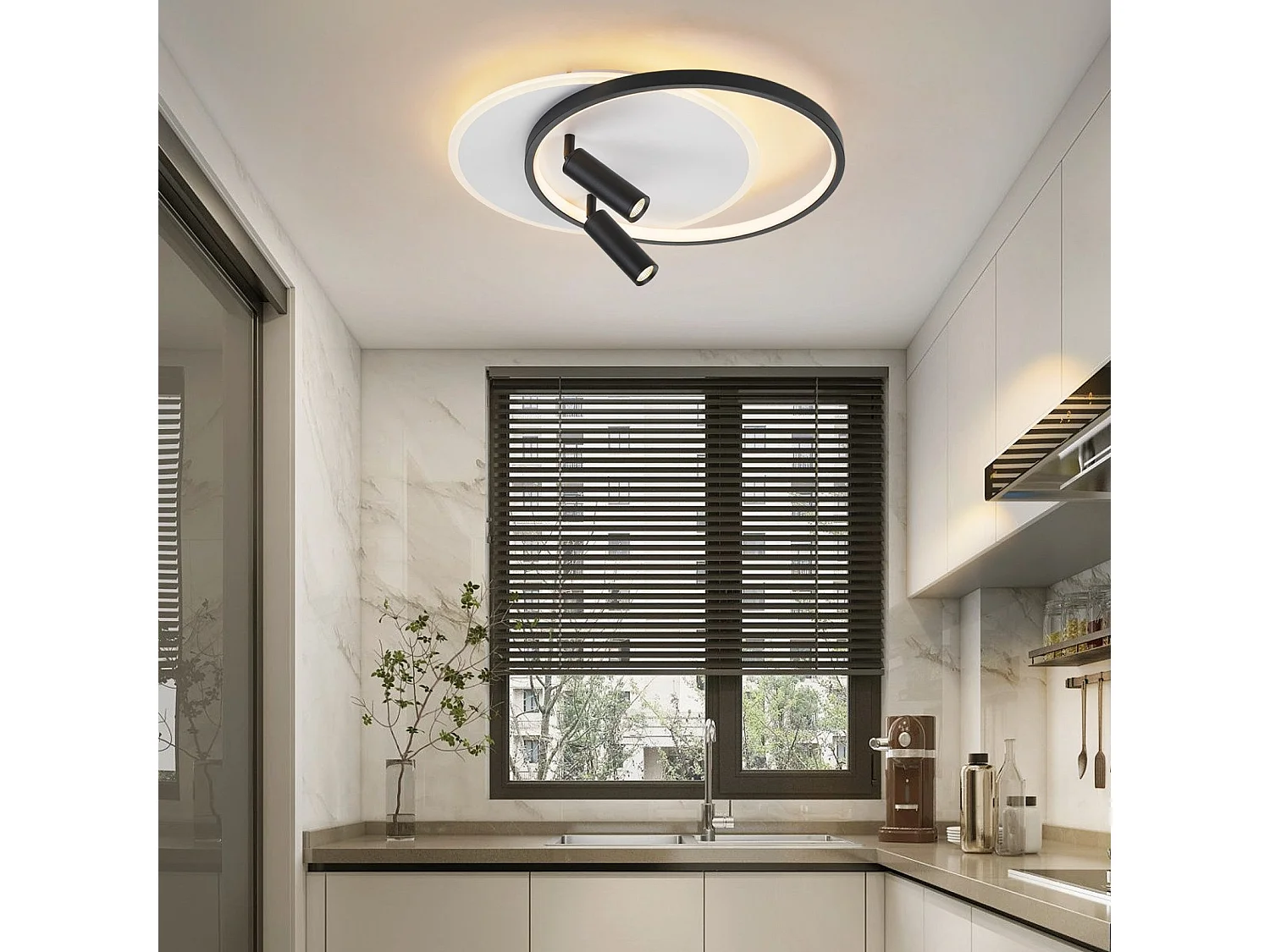 NETTLIFE Plafonnier LED Plafonnier Salon : Lampe de Salon Dimmable 52W avec 2 Spots de Plafond Noir avec Télécommande Moderne Acrylique