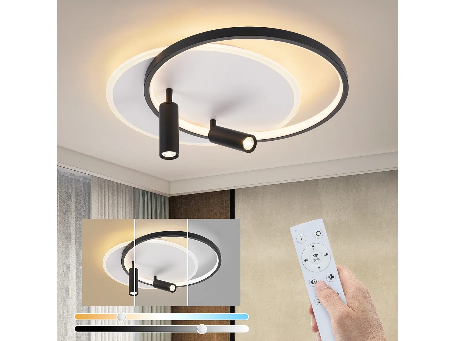 NETTLIFE Plafonnier LED Plafonnier Salon : Lampe de Salon Dimmable 52W avec 2 Spots de Plafond Noir avec Télécommande Moderne Acrylique