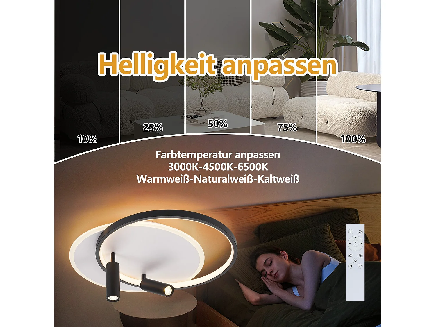 NETTLIFE Plafonnier LED Plafonnier Salon : Lampe de Salon Dimmable 52W avec 2 Spots de Plafond Noir avec Télécommande Moderne Acrylique