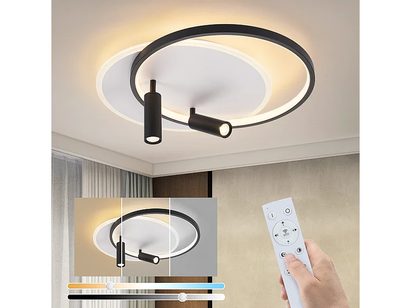 NETTLIFE Plafonnier LED Plafonnier Salon : Lampe de Salon Dimmable 52W avec 2 Spots de Plafond Noir avec Télécommande Moderne Acrylique