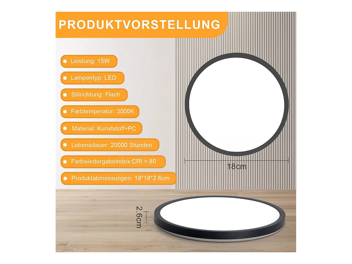 NETTLIFE Platte LED-plafondlamp voor slaapkamer, zwart, 18 cm, 15 W, niet dimbaar, warm wit, 3000 K