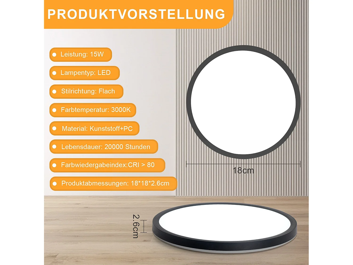 NETTLIFE Plafonnier LED Plat Pour Chambre à Coucher Noir 18 Cm 15 W  Non Dimmable Blanc Chaud 3000 K