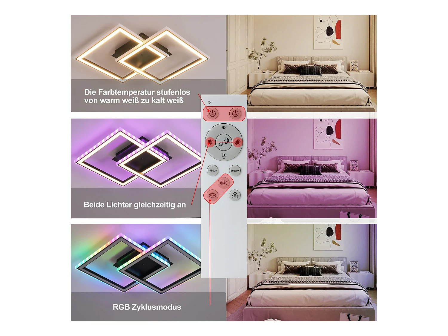 NETTLIFE Plafonnier LED pour salon, intensité variable, moderne, RGB, avec télécommande, 3 000-6 000 K, RGB moderne 13