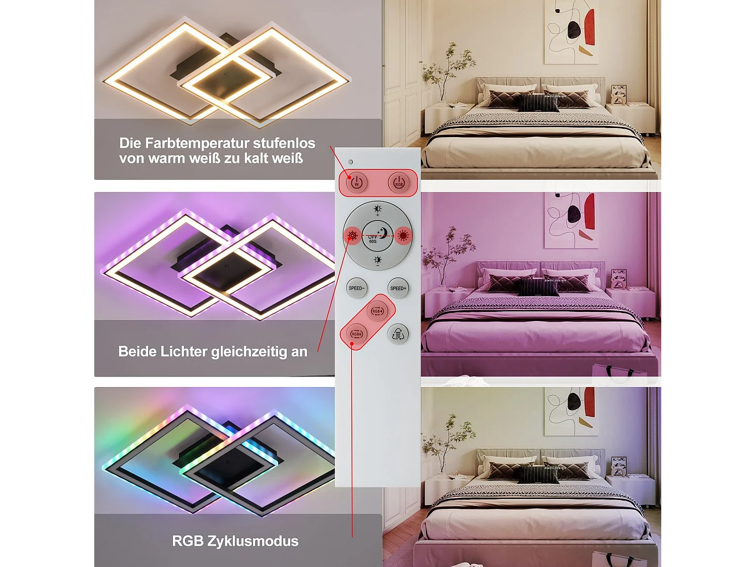 NETTLIFE Plafonnier LED pour salon, intensité variable, moderne, RGB, avec télécommande, 3 000-6 000 K, RGB moderne 13