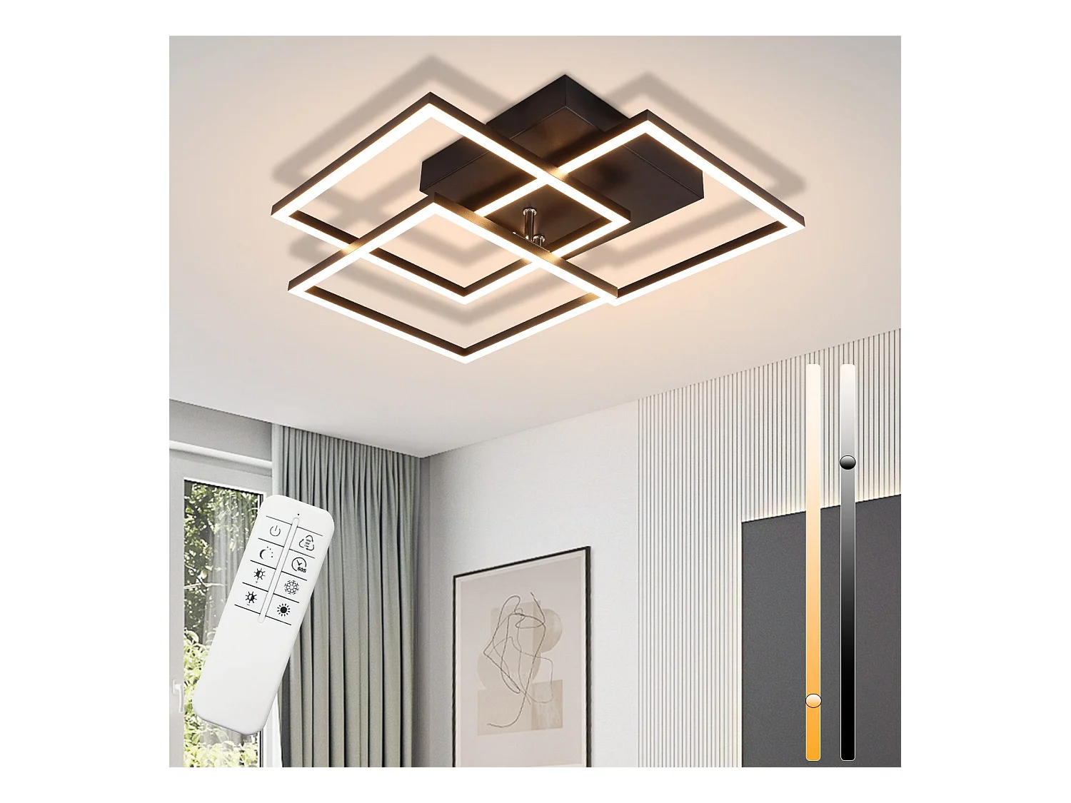NETTLIFE Plafonnier LED Salon Noir Dimmable Carré Moderne 36w Avec Télécommande