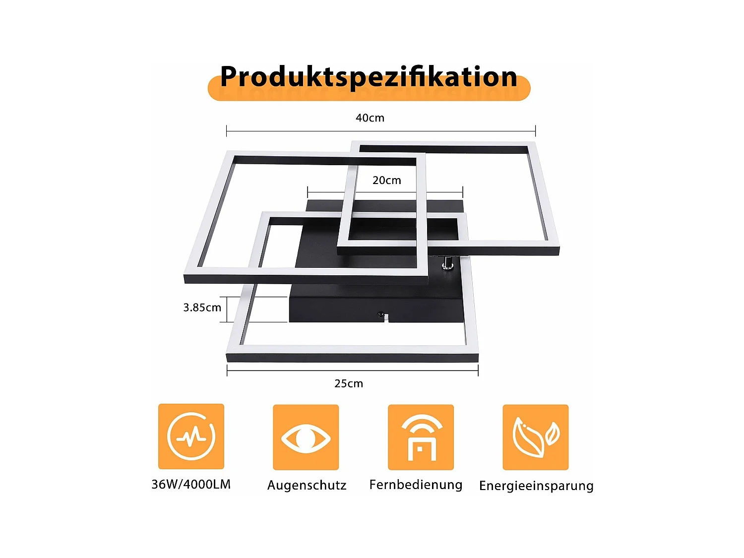 NETTLIFE LED Deckenleuchte Wohnzimmer Schwarz Dimmbar Quadratisch Modern 36w Mit Fernbedienung