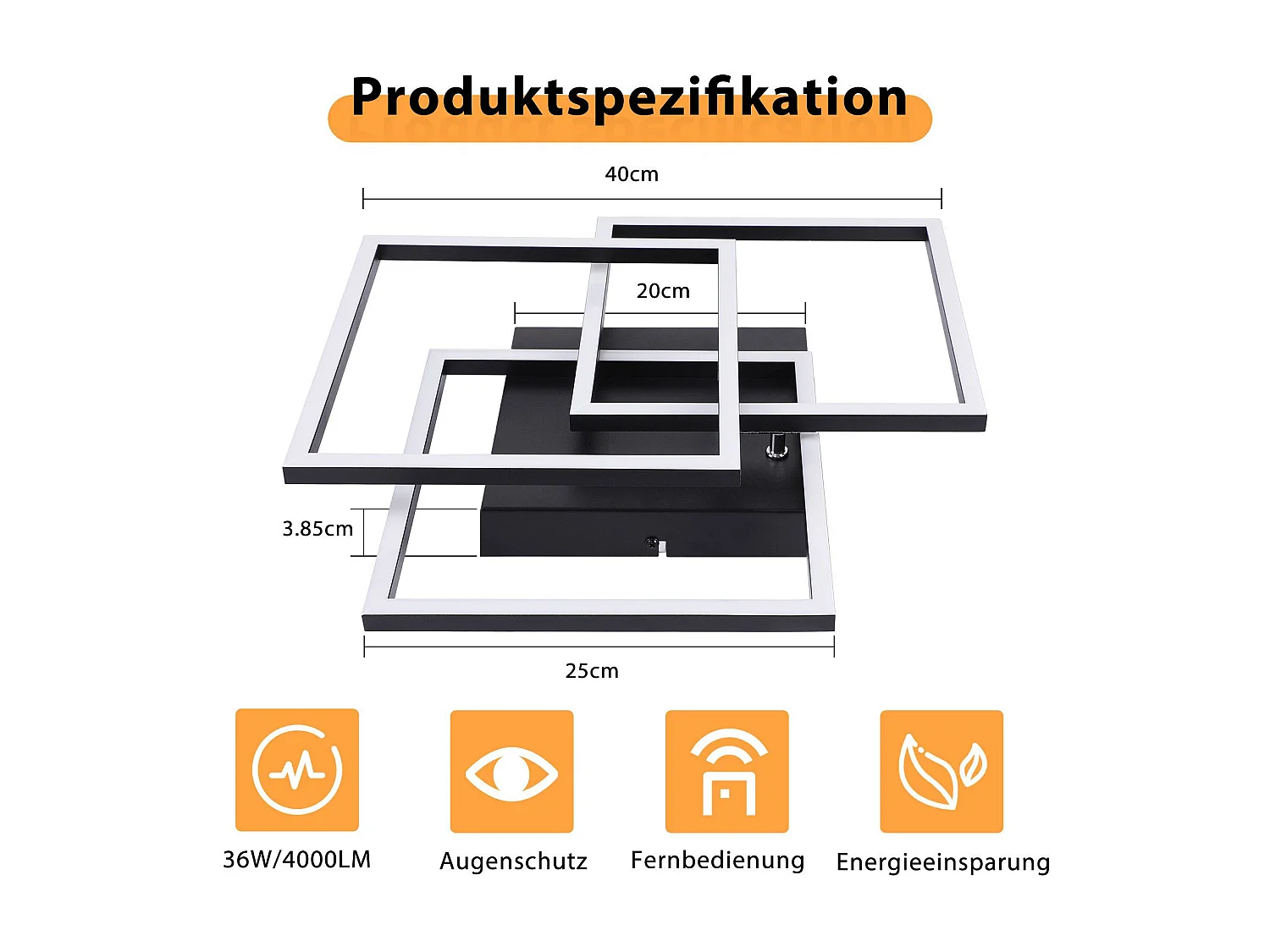 NETTLIFE LED Deckenleuchte Wohnzimmer Schwarz Dimmbar Quadratisch Modern 36w Mit Fernbedienung