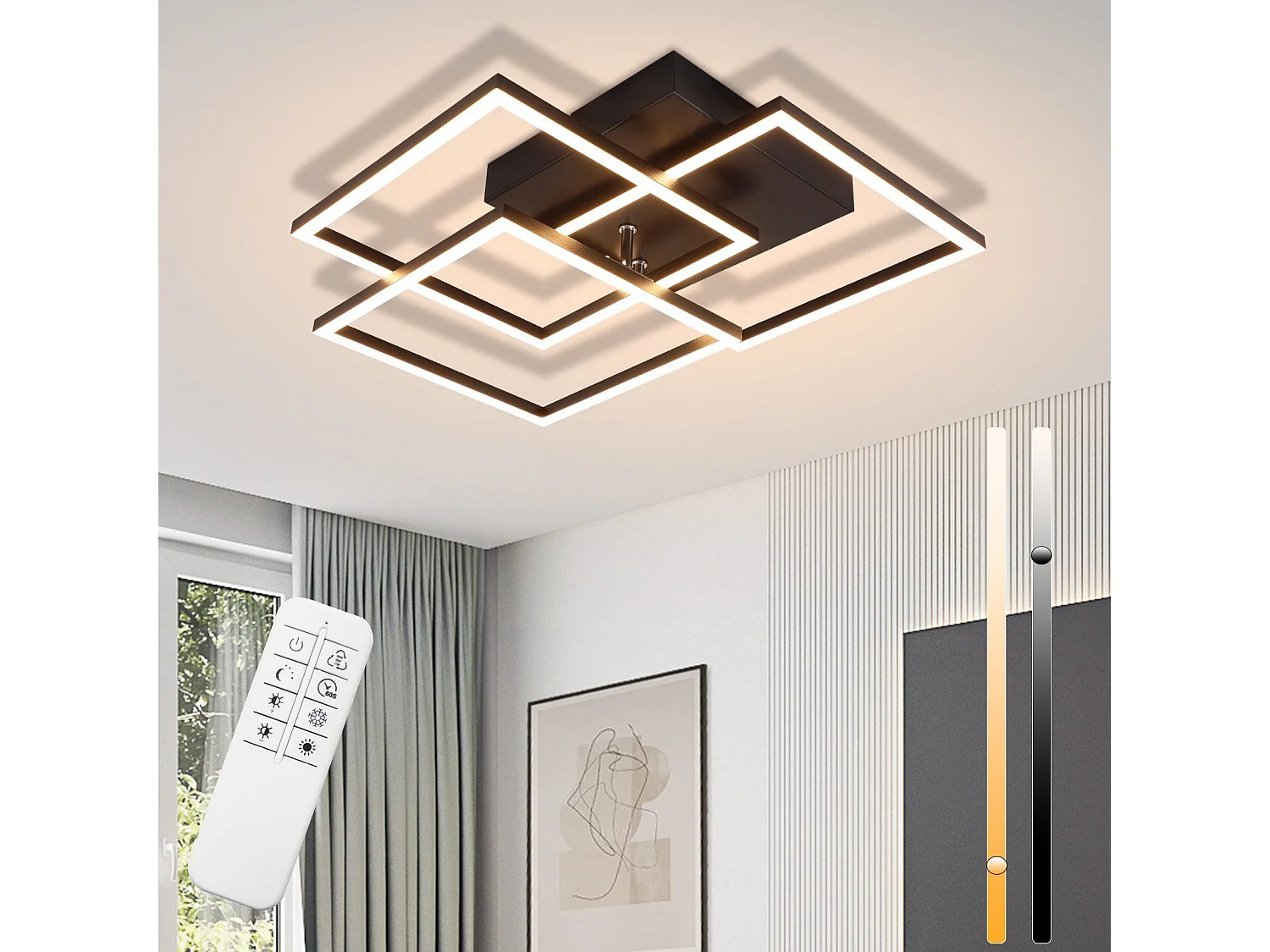 NETTLIFE Plafonnier LED Salon Noir Dimmable Carré Moderne 36w Avec Télécommande